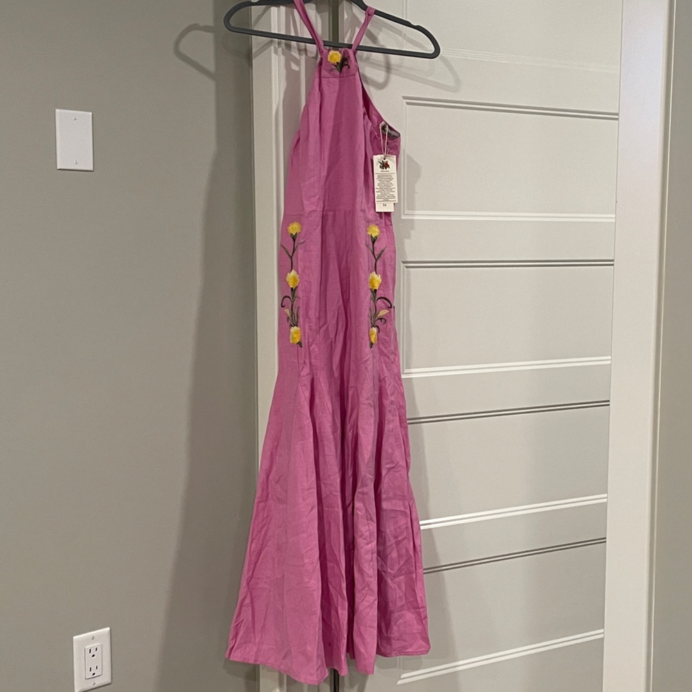 Fanm Mon, Pink Floral Embroidered Maxi Dress, Size S